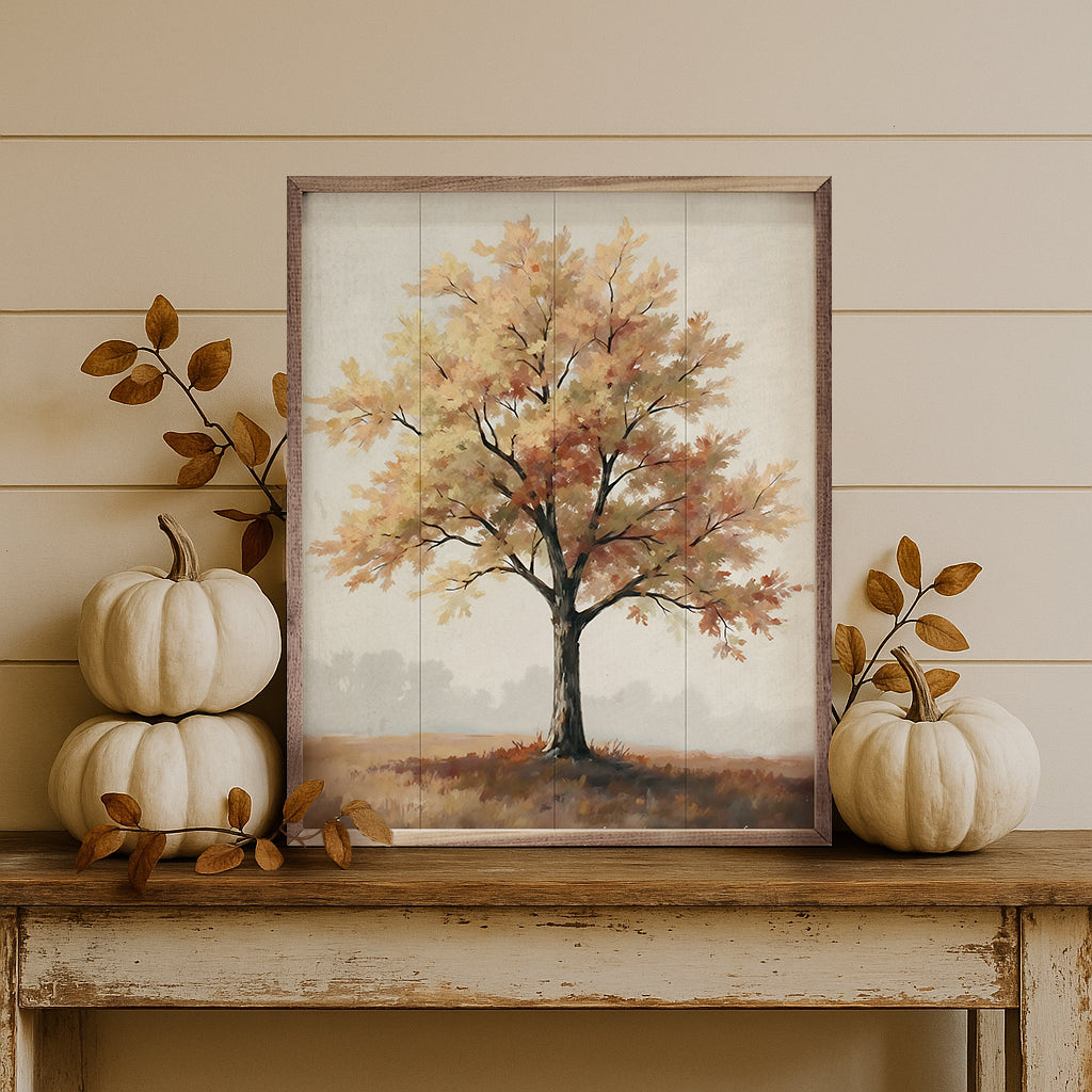 Walnut frame artwork of an autumn tree on a hill, showcasing warm fall colors and scenic landscape in a 32x40 size by Kendrick Home.