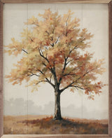 Walnut framed autumn tree on hill wall art by Kendrick Home, 32x40 inches, featuring vibrant fall foliage and scenic landscape.