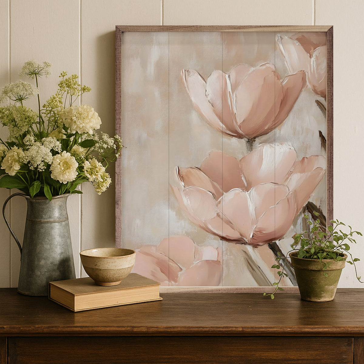 Walnut framed Dusty Pink Floral artwork by Franklyn Gregory, displayed in a 32x40 inch size, by Kendrick Home.