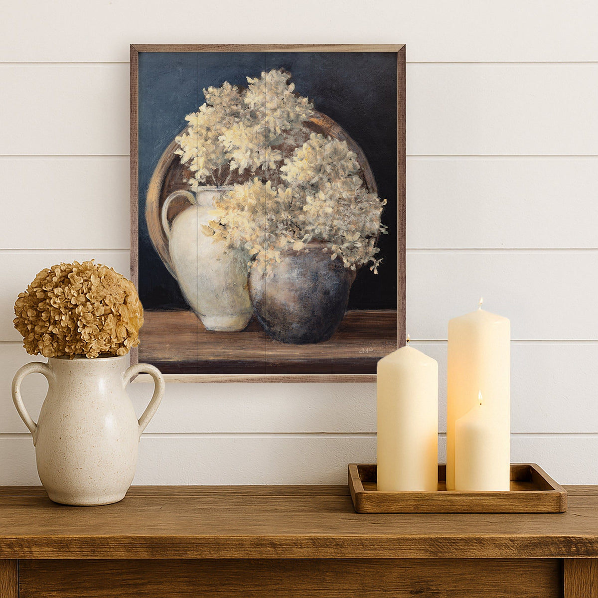 Walnut frame with a print of Golden Hydrangeas II in white by Julia Purinton, displayed in a home decor setting.