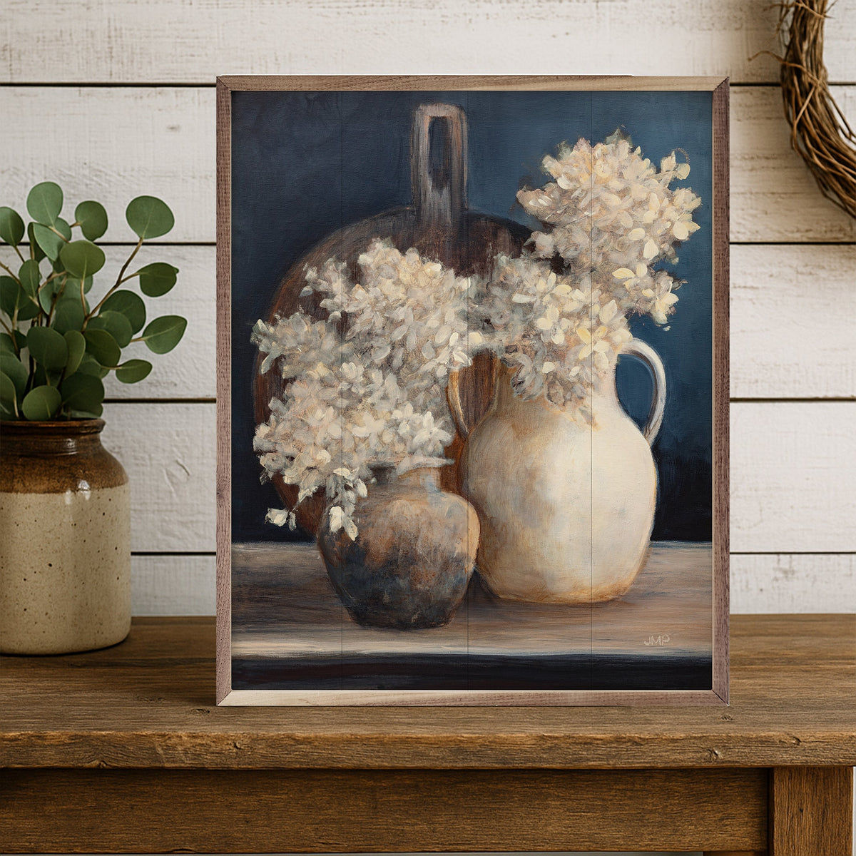 Walnut frame featuring artwork of golden hydrangeas in white by Julia Purinton, displayed in a 32x40 size.
