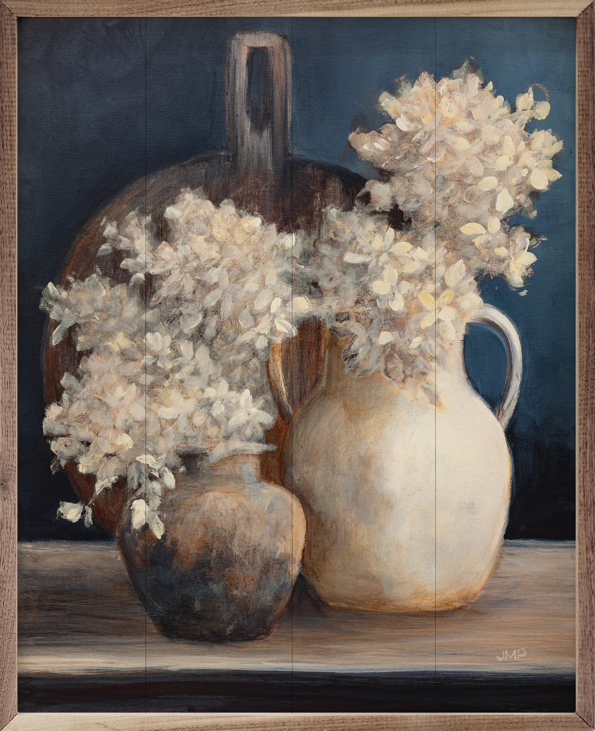 Walnut frame featuring artwork of white golden hydrangeas by Julia Purinton, titled Golden Hydrangeas I White.