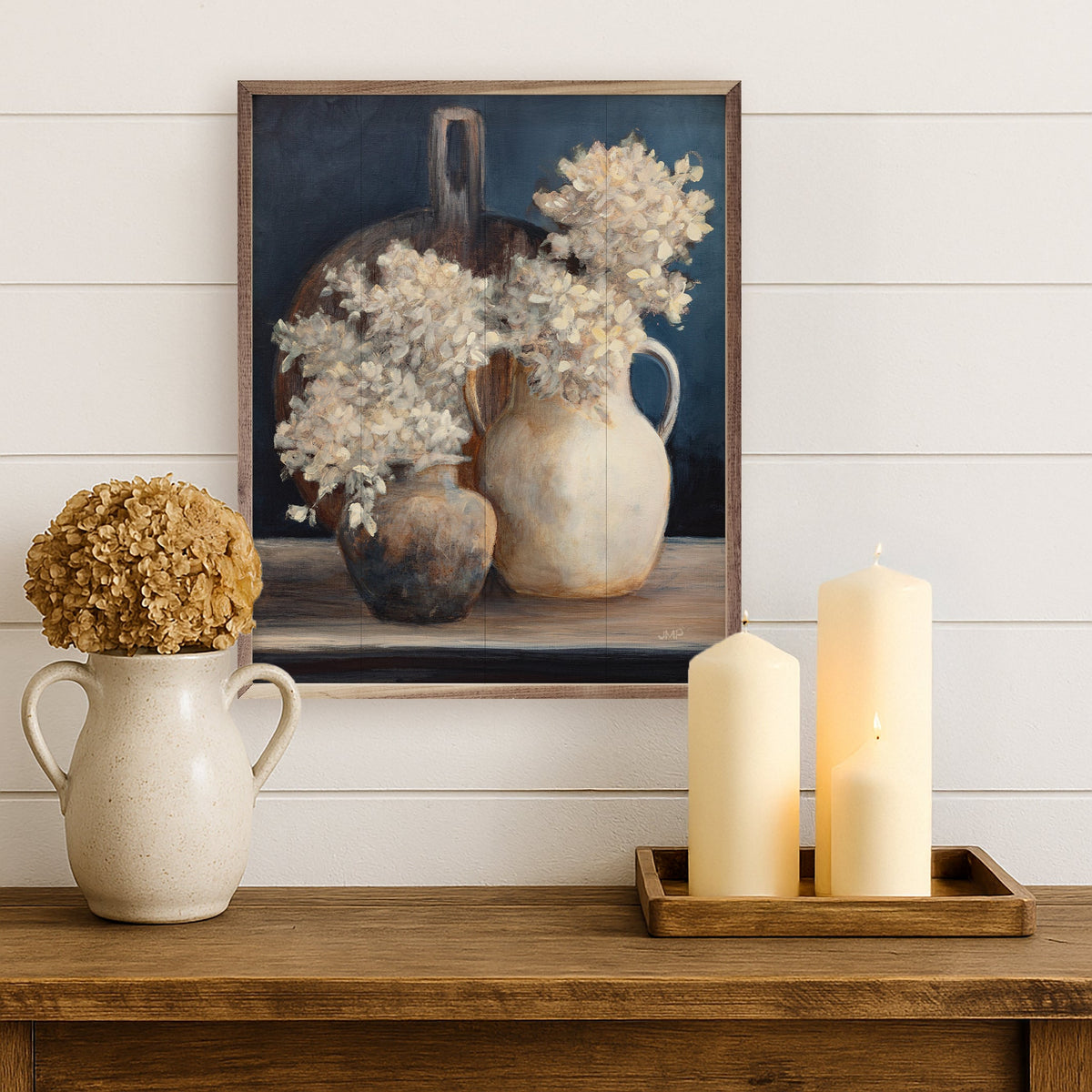 Walnut frame with print of Golden Hydrangeas I White artwork by Julia Purinton, showcasing vibrant white hydrangea flowers.