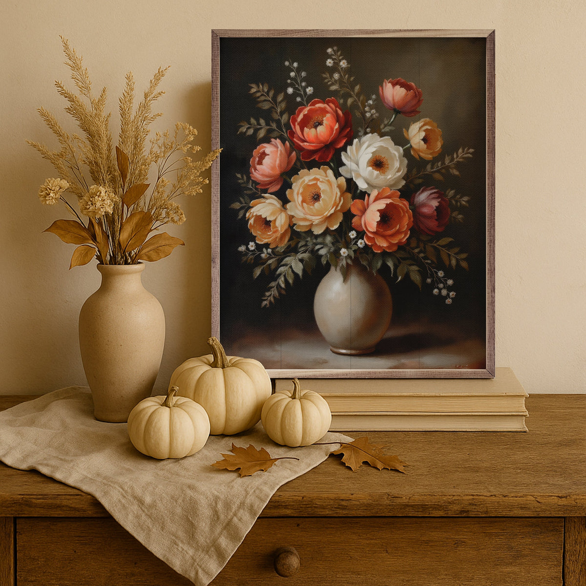 Autumn bouquet with white flowers in a vase displayed in walnut Kendrick Home frame, size 32x40.