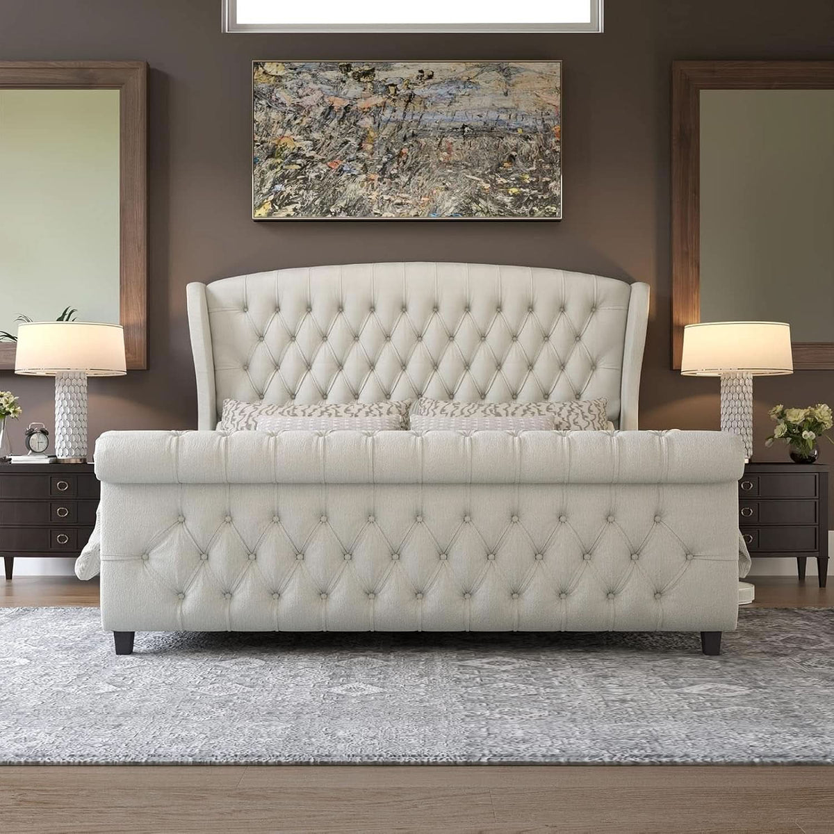 King Size Platform Bed Frame, Chenille Upholstered Sleigh Bed with Scroll Wingback Headboard & Footboard/Button Tufted/No Box Spring Required/Cream-2