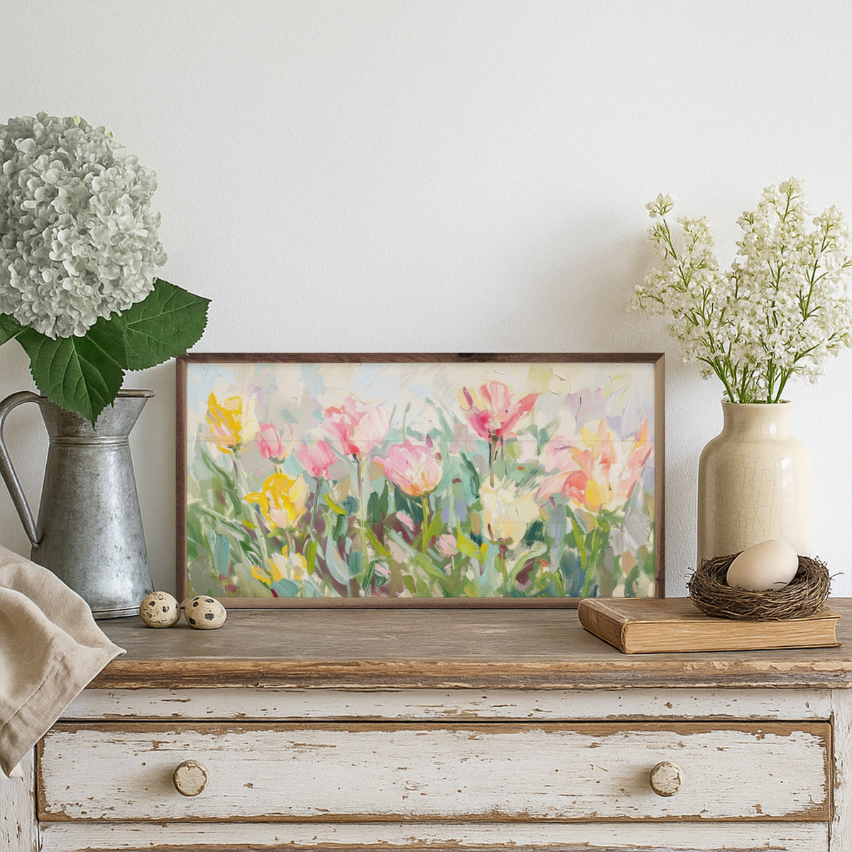 Walnut frame with pastel spring tulip artwork by Design Studio, 40x20 inches, from Kendrick Home.