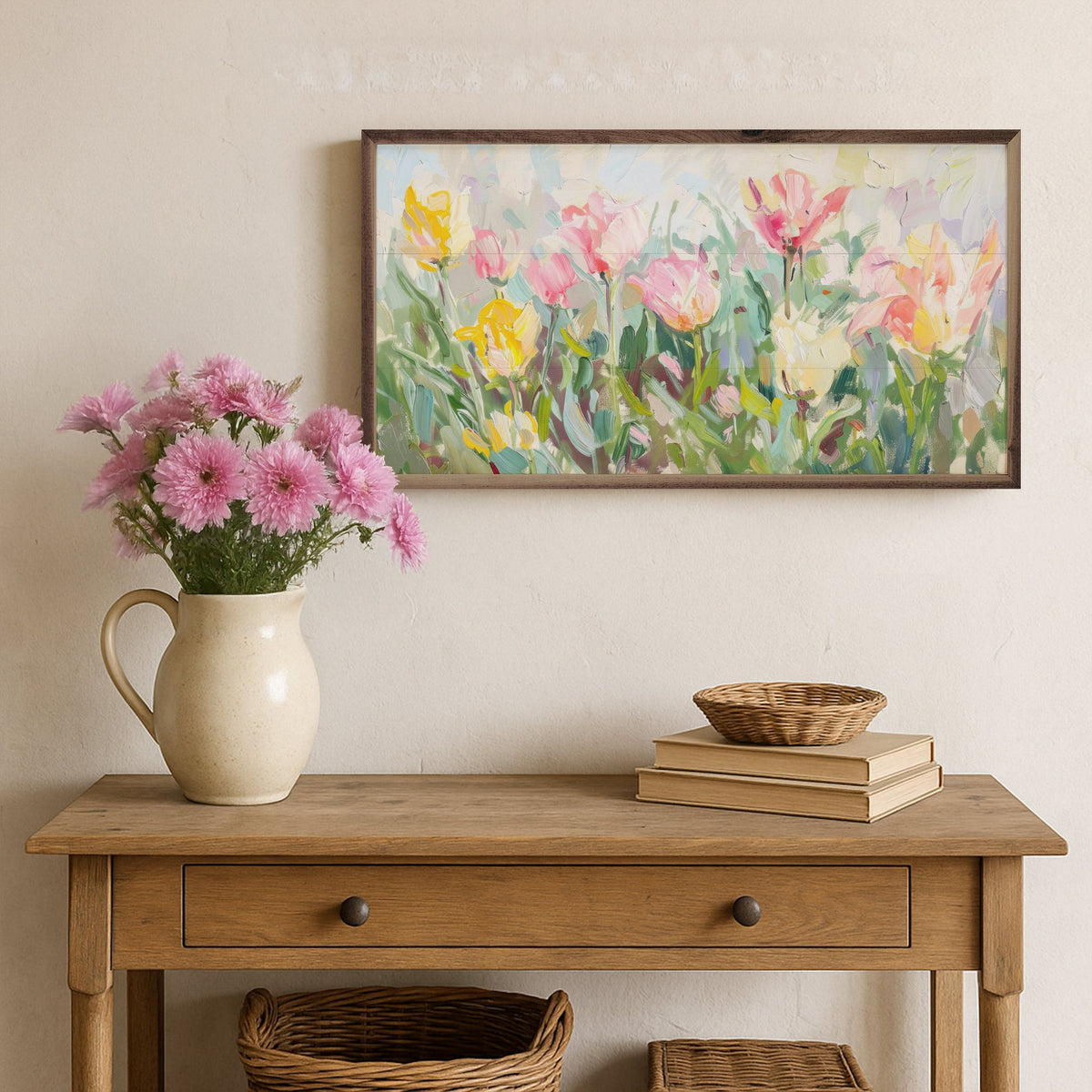 Walnut frame with pastel spring tulip print by Design Studio, perfect for a cheerful home decor accent.