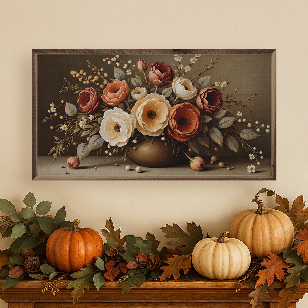 Large autumn bouquet with vibrant fall foliage in a walnut frame, perfect for seasonal home decor by Kendrick Home.