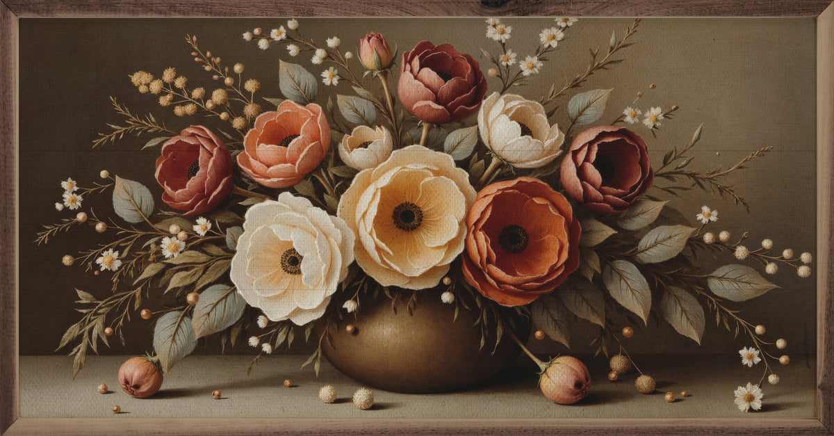 Large autumn bouquet arranged in walnut frame by Kendrick Home, featuring fall leaves and seasonal flowers.