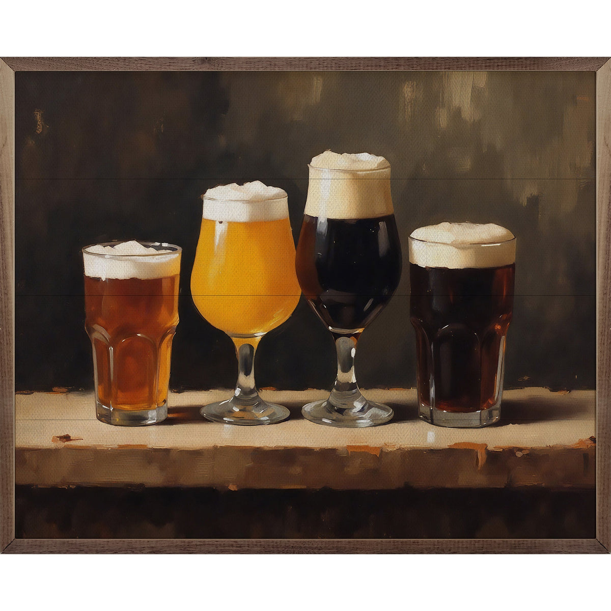 Walnut frame displaying a collection of craft beer bottles, showcasing Kendrick Home craft beers in a stylish home decor setting.