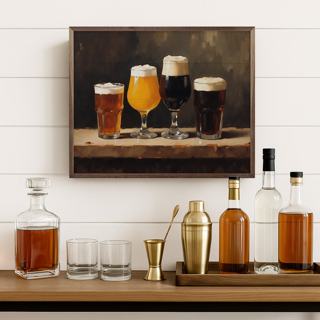 Walnut frame holding craft beer prints, 40x32 inches, by Kendrick Home, showcasing detailed beer label artwork in a stylish display.