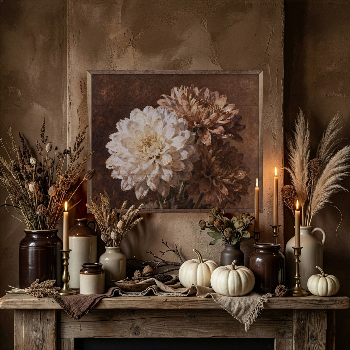 Walnut frame with a three mums bouquet artwork by Kendrick Home, displayed in a 40x32 inch size.