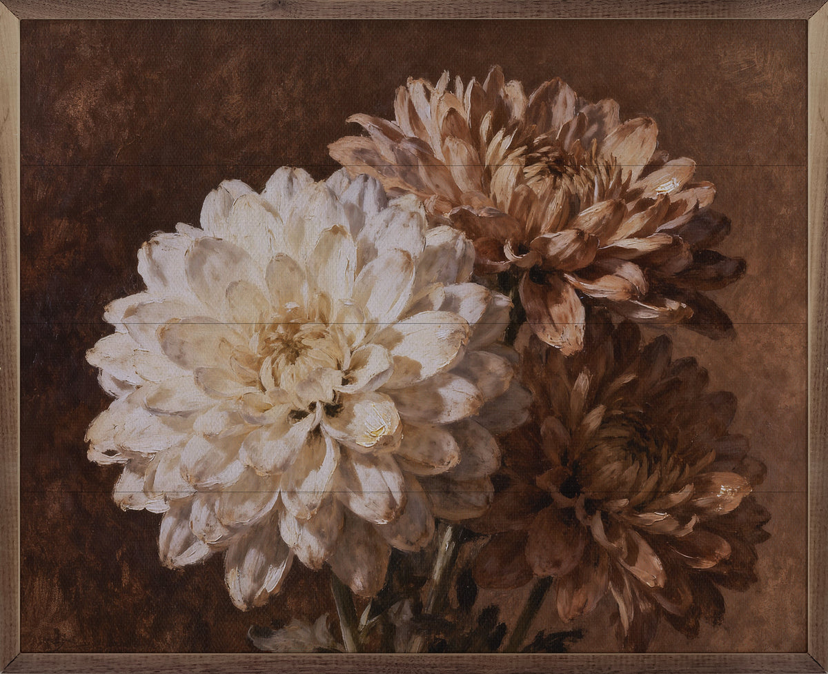 Walnut frame displaying a Three Mums bouquet artwork by Kendrick Home inside a 40x32 inch frame.