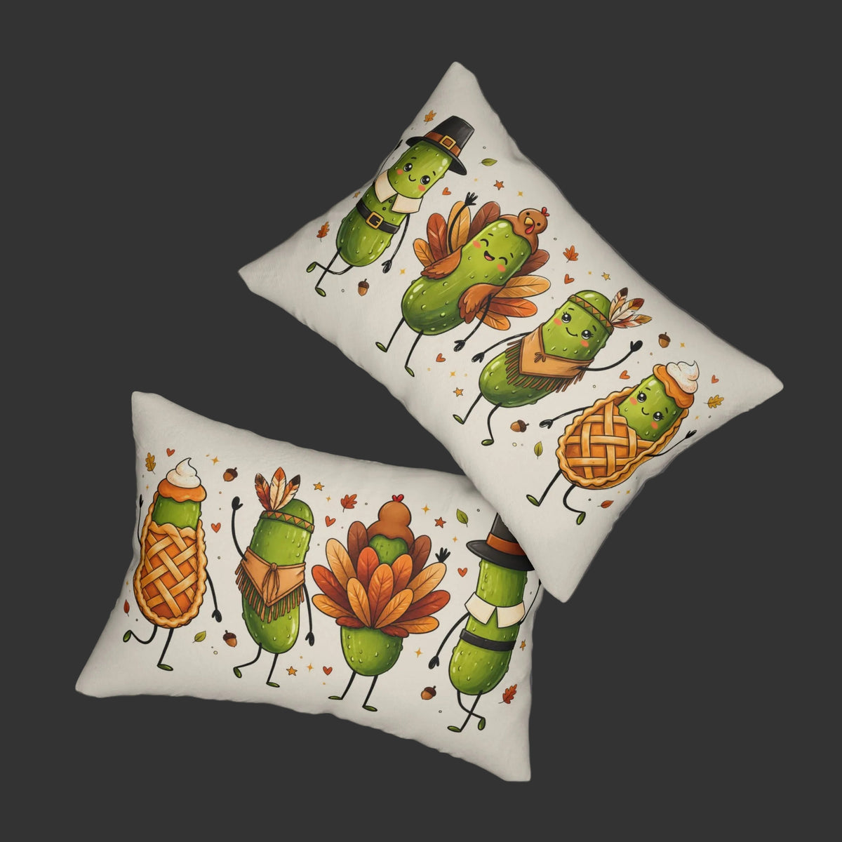 Thanksgiving Pickle Friends Lumbar Pillow — Cute Fall Turkey Pilgrim Holiday Decor