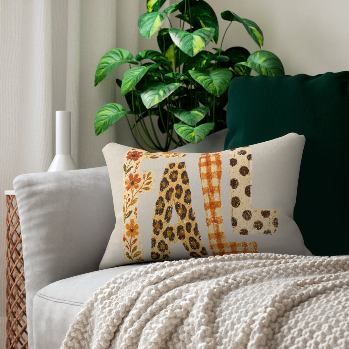 Fall Lumbar Pillow — Autumn Plaid & Leopard Accent Throw Pillow