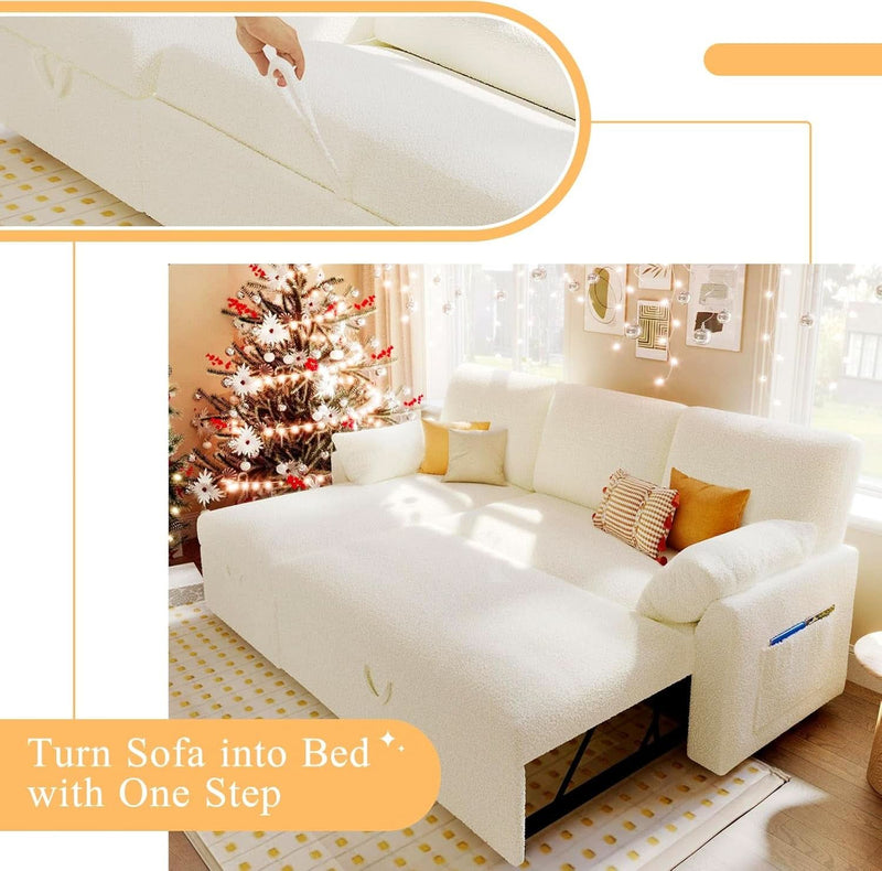 Sleeper Sofa Bed With Storage Chaise In White Boucle-3