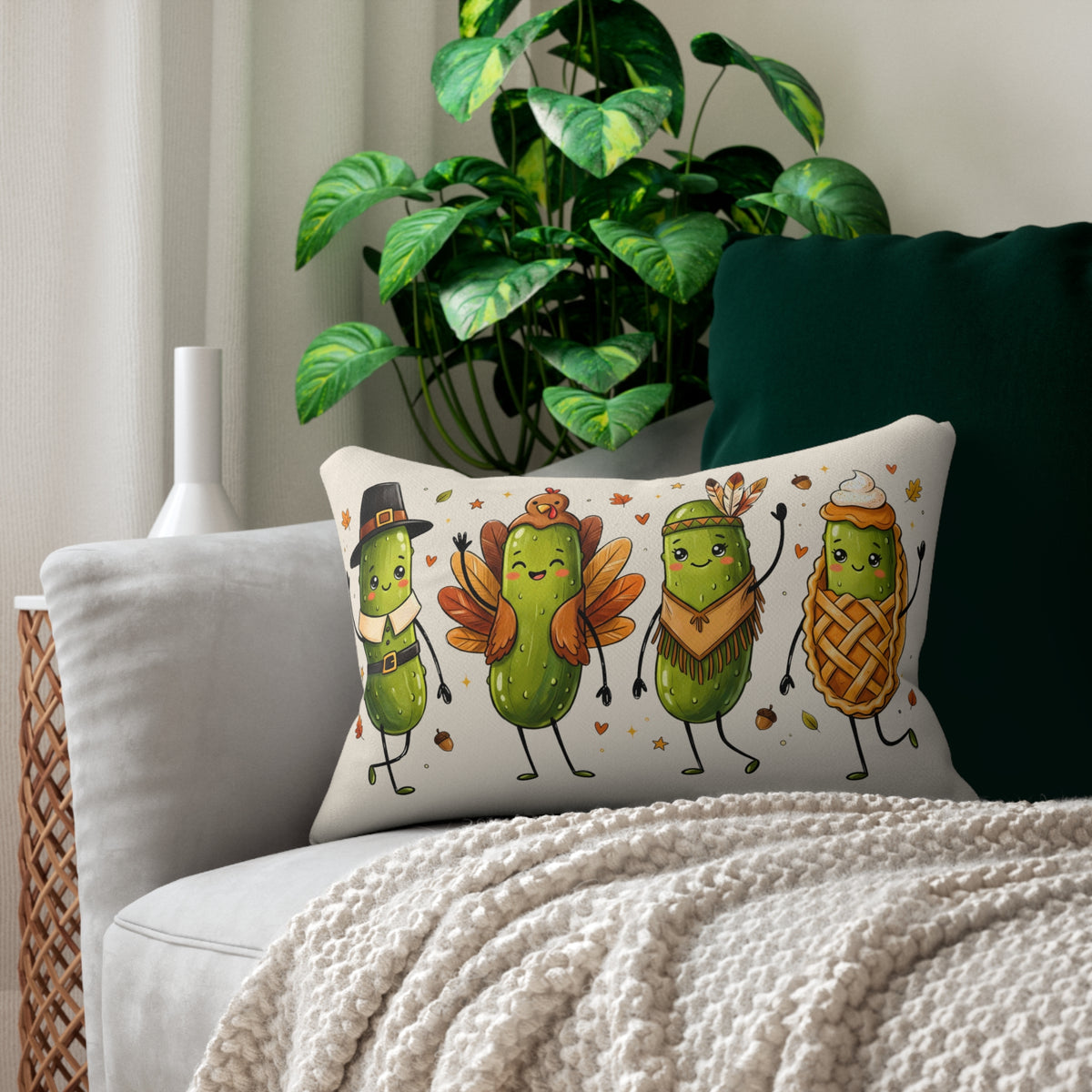 Thanksgiving Pickle Friends Lumbar Pillow — Cute Fall Turkey Pilgrim Holiday Decor