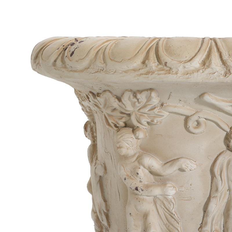 Antique white Garden Urn planter with drainage hole, 27 inches tall, by HouseOfZazla, suitable for outdoor garden or patio display.