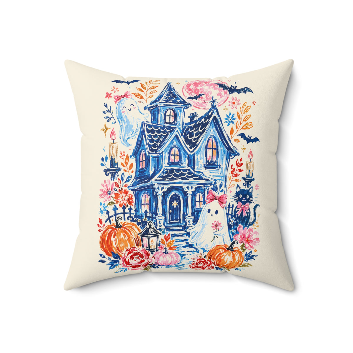 Haunted Cottage Illustration Pillow | Halloween Ghosts, Pumpkins, Floral Accent