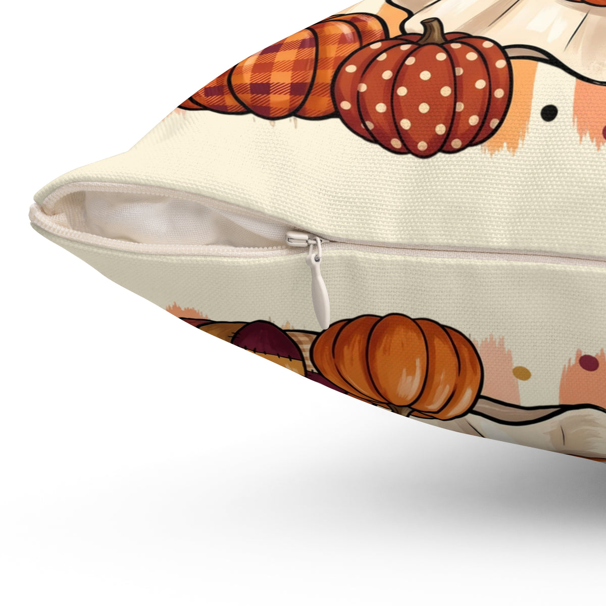 Fall-O-Ween Ghost Pillow — Cute Pumpkin & Knit Hat Halloween Throw Pillow