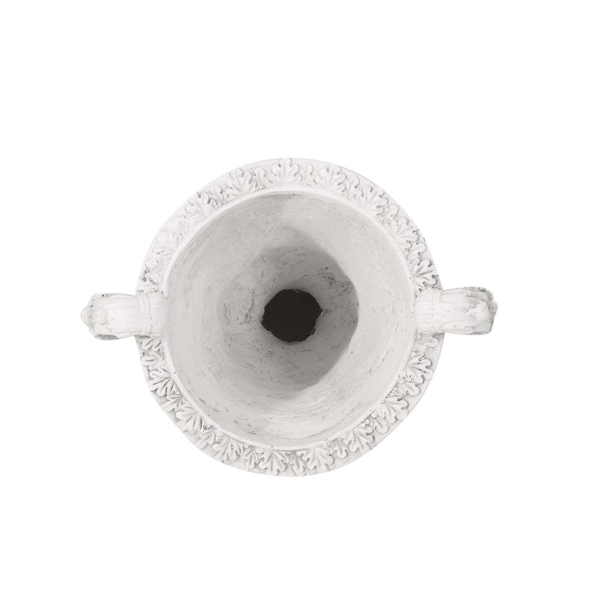 Roman style MGO garden urn planter in antique white with drainage hole, ideal for outdoor plants and garden decor.
