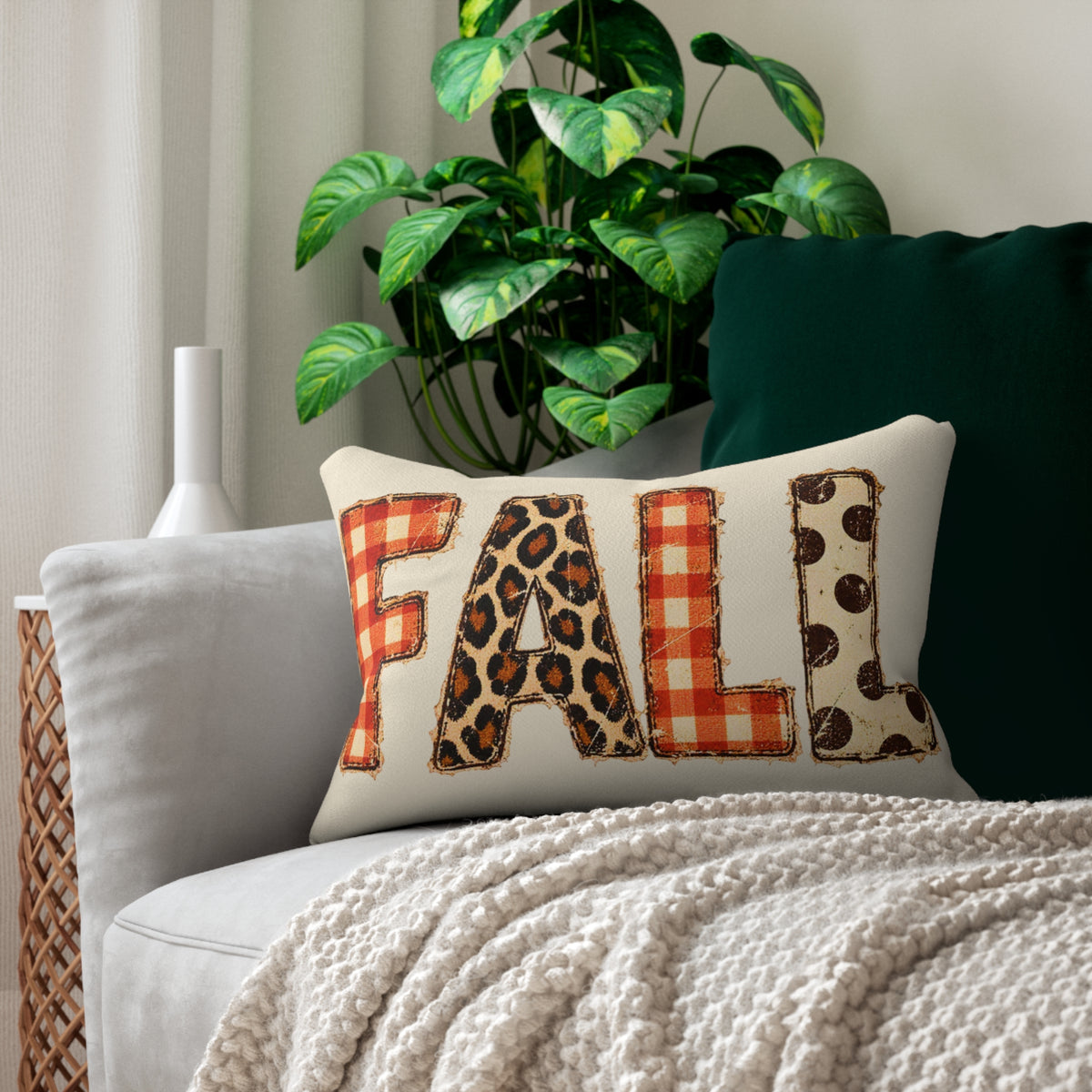 Fall Lumbar Pillow — Rustic Plaid & Leopard Accent Decorative Pillow
