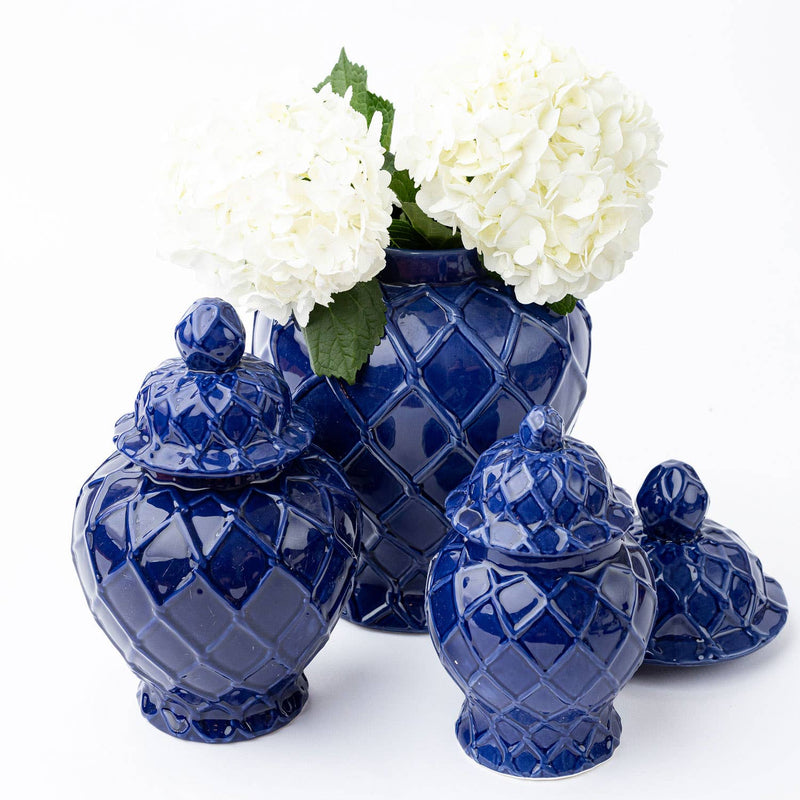 Three navy textured ginger jars in varying sizes, decorative ceramic containers with embossed patterns by Shop Holly J Home