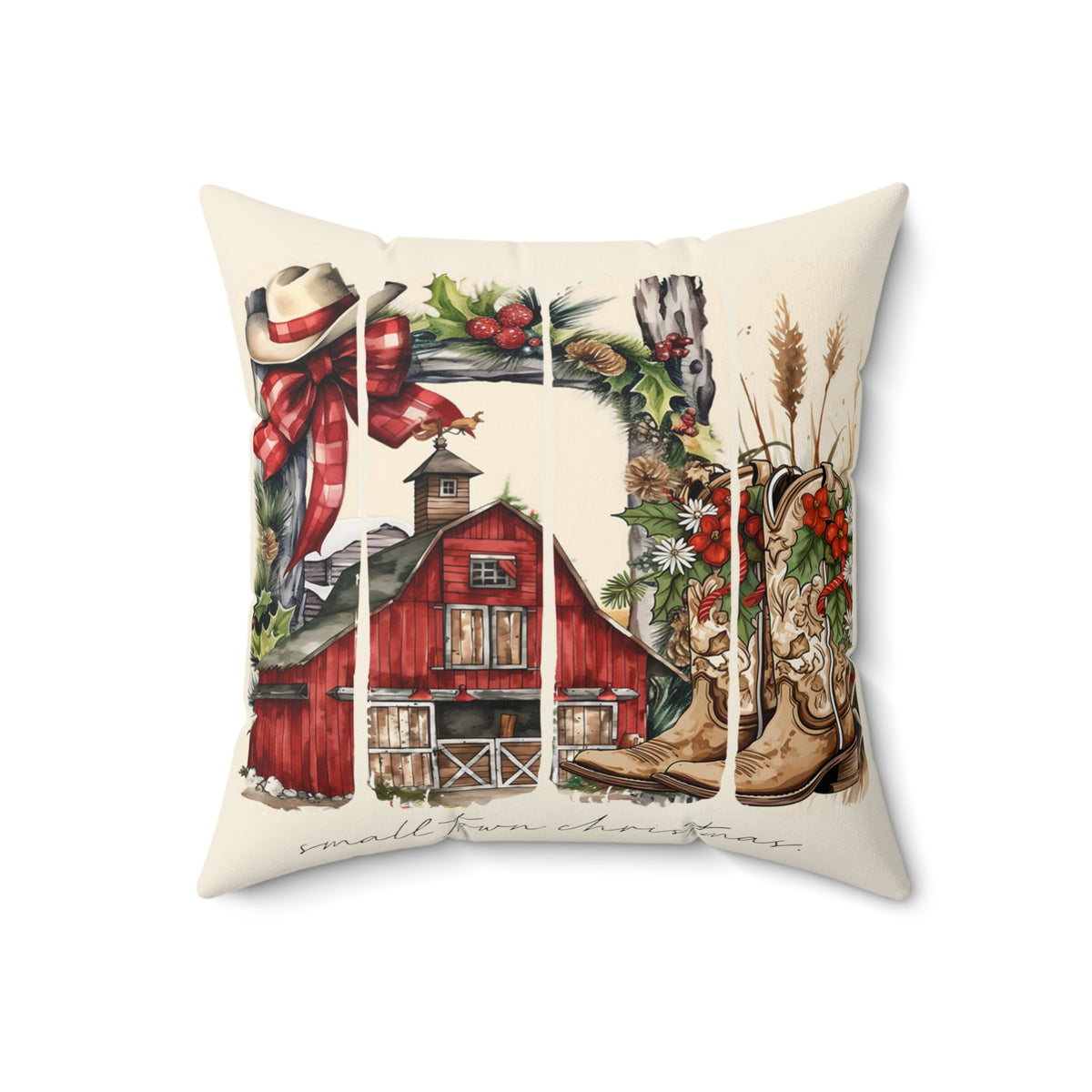 Barn and Cowboy Boots Pillow | Farmhouse Christmas Throw Pillow