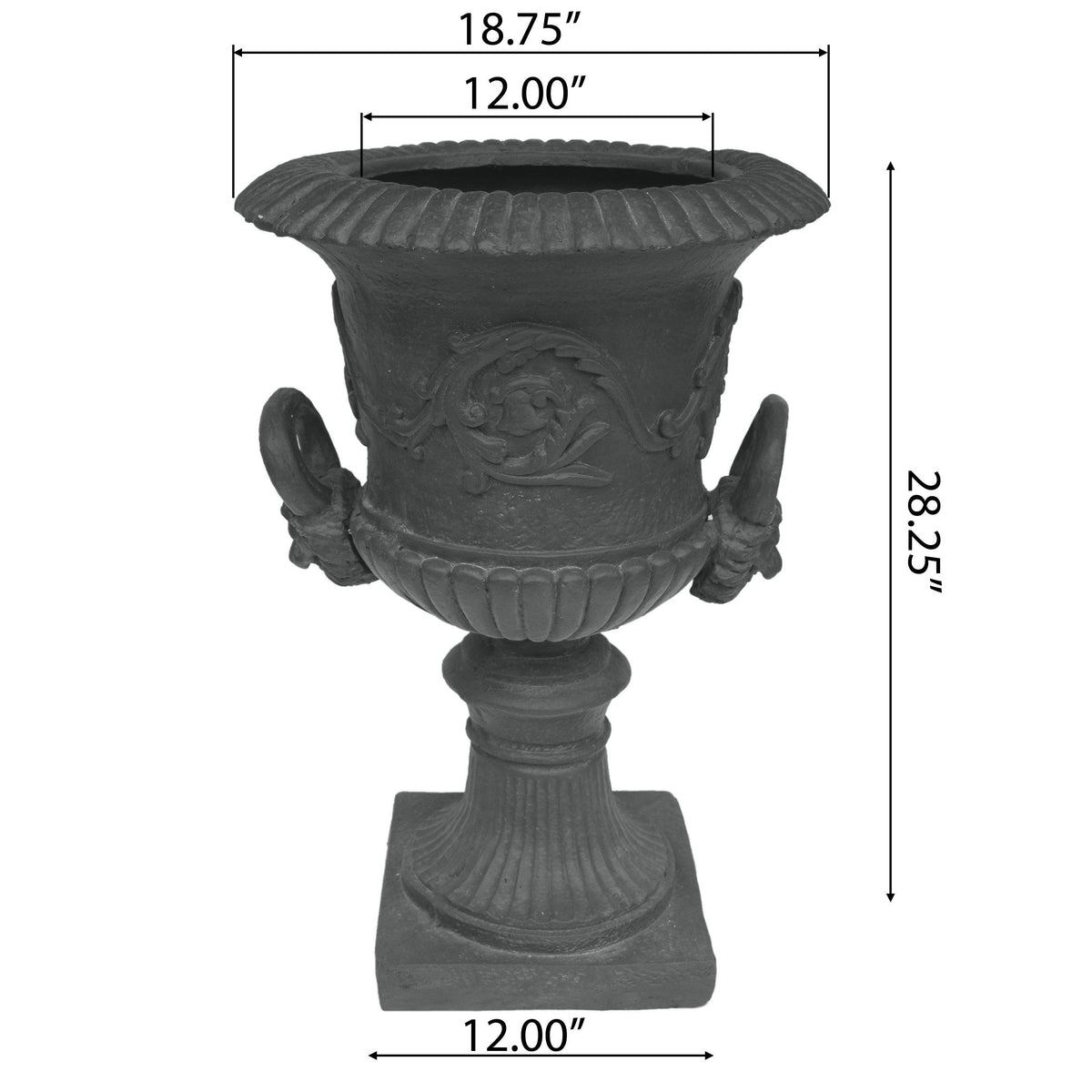 Black Roman MGO garden urn planter by HouseOfZazla, made of durable magnesium oxide, with classic Roman design and decorative details.
