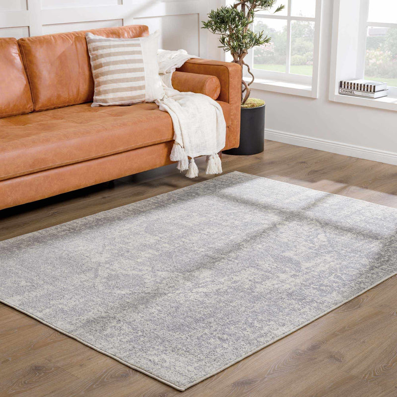Hauteloom Peeta Gray Medallion Area Rug in a living room with neutral decor and wooden flooring, showcasing intricate medallion pattern
