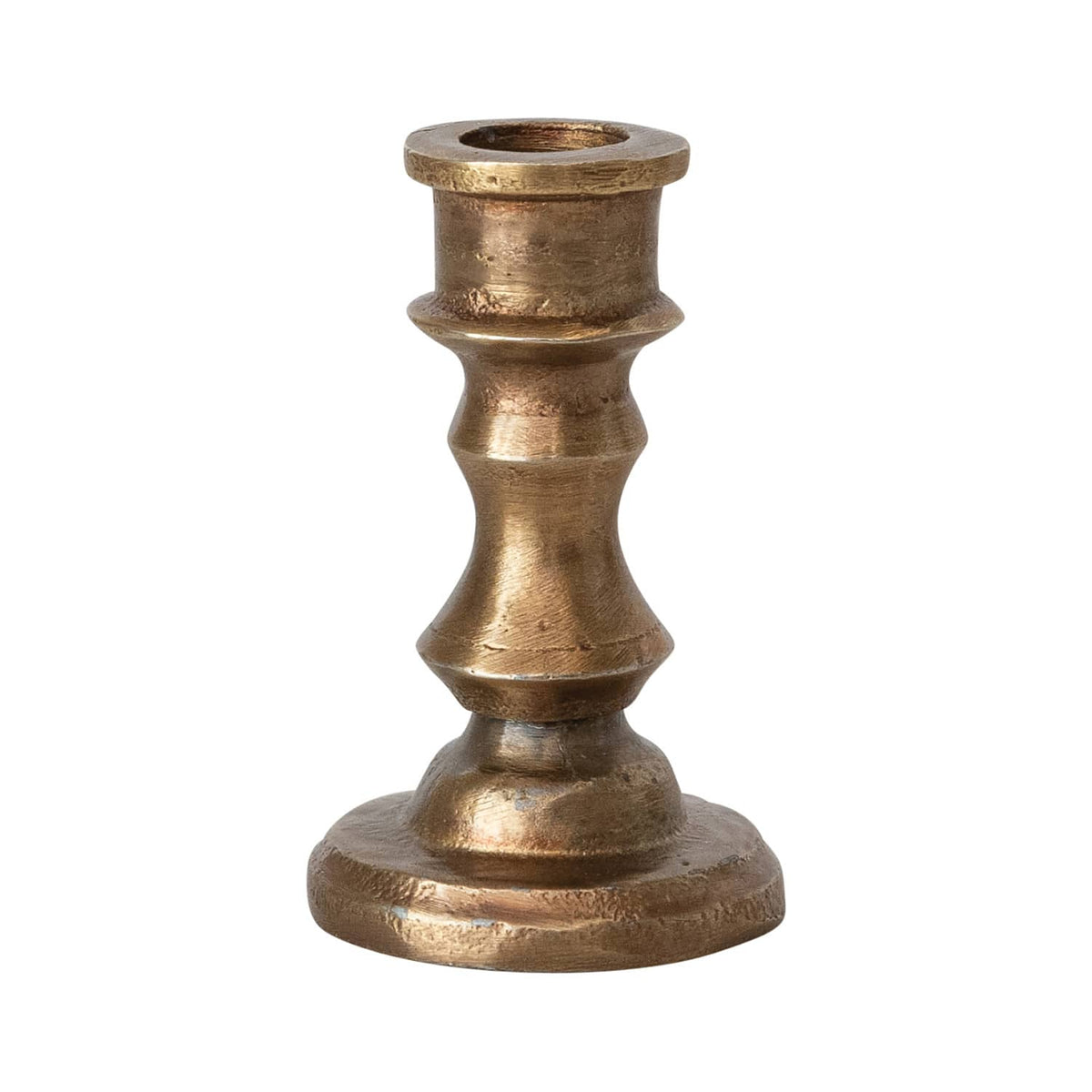 Antique brass taper candle holder made of cast aluminum for 1/2-inch candles, available in three sizes, decorative and vintage style.