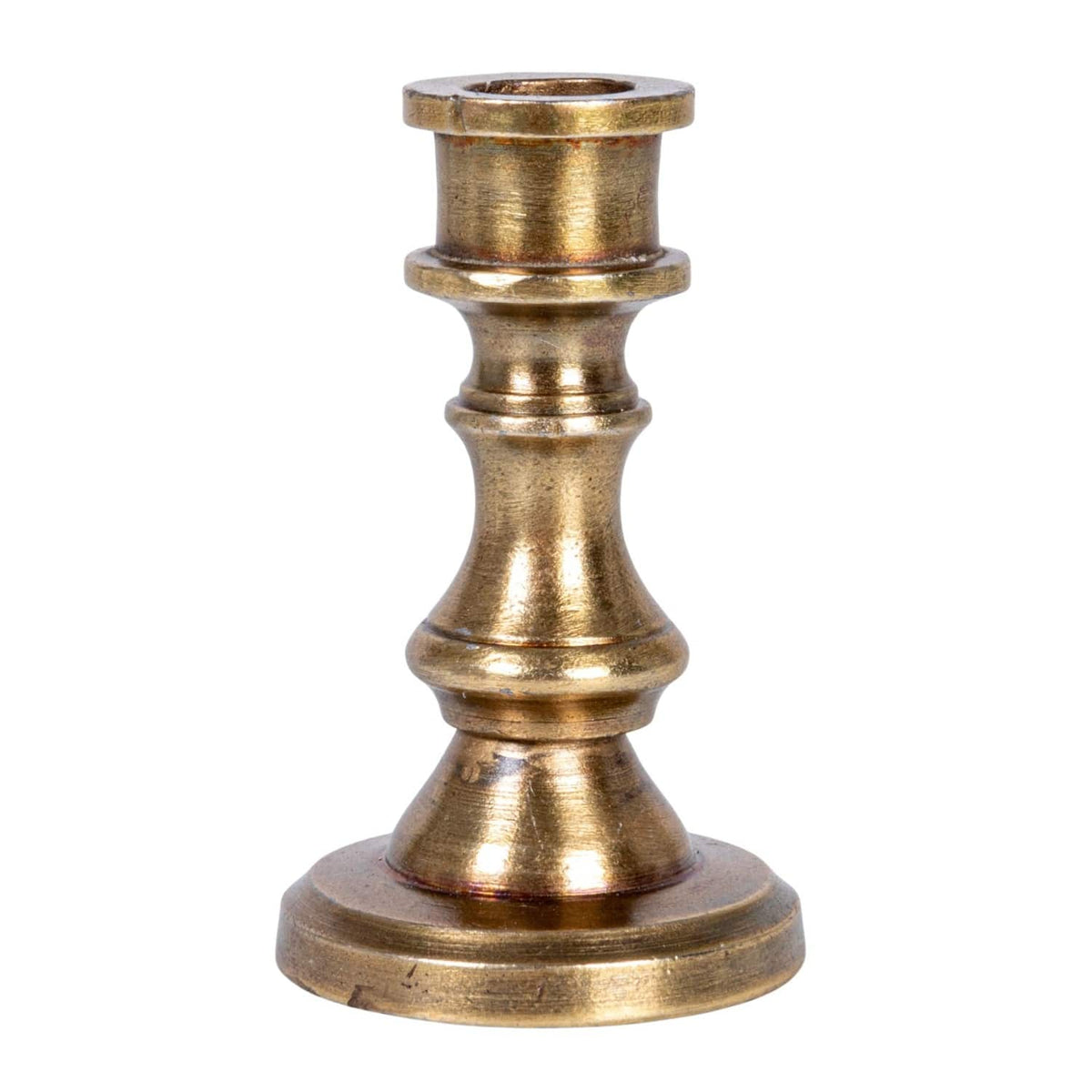 Antique brass taper candle holder in cast aluminum, designed for 1/2-inch candles, available in three sizes.