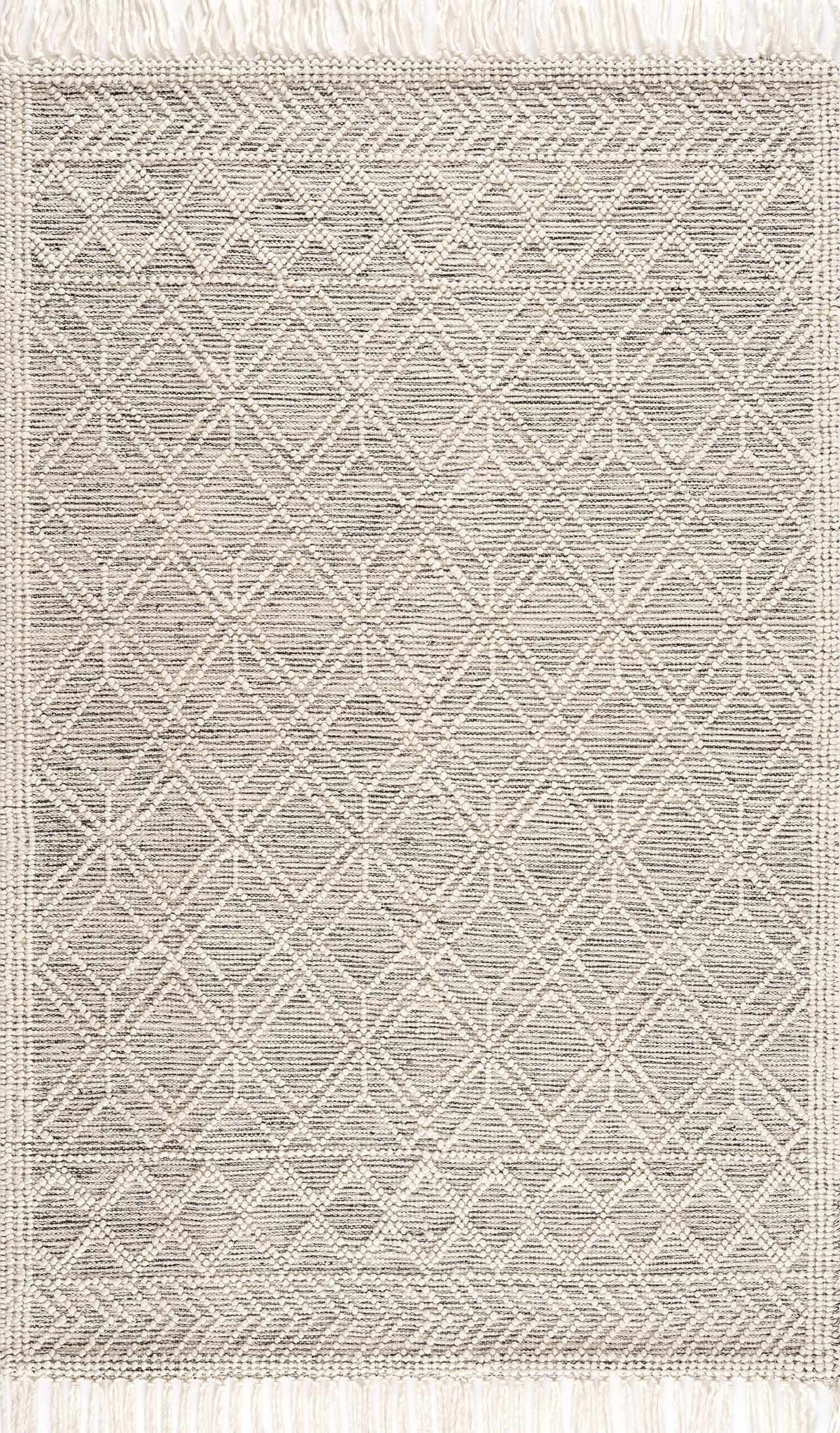 Hauteloom Ramsbury area rug with intricate geometric pattern in neutral tones, showcasing soft woven wool texture.