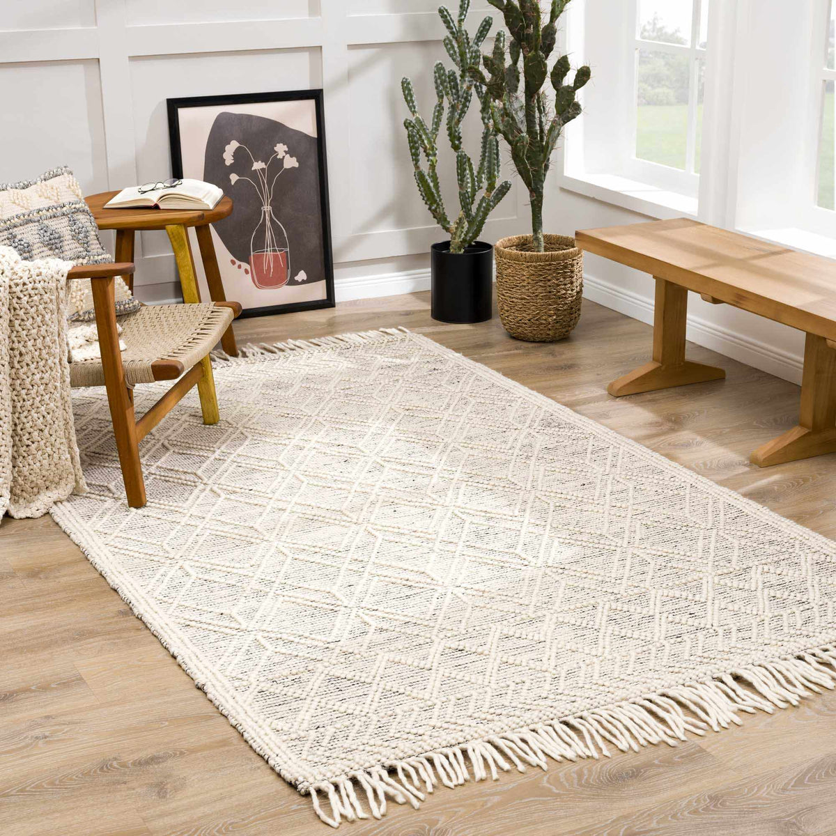 Hauteloom Ramsbury area rug in a room scene, featuring a modern geometric design with neutral tones for contemporary decor.