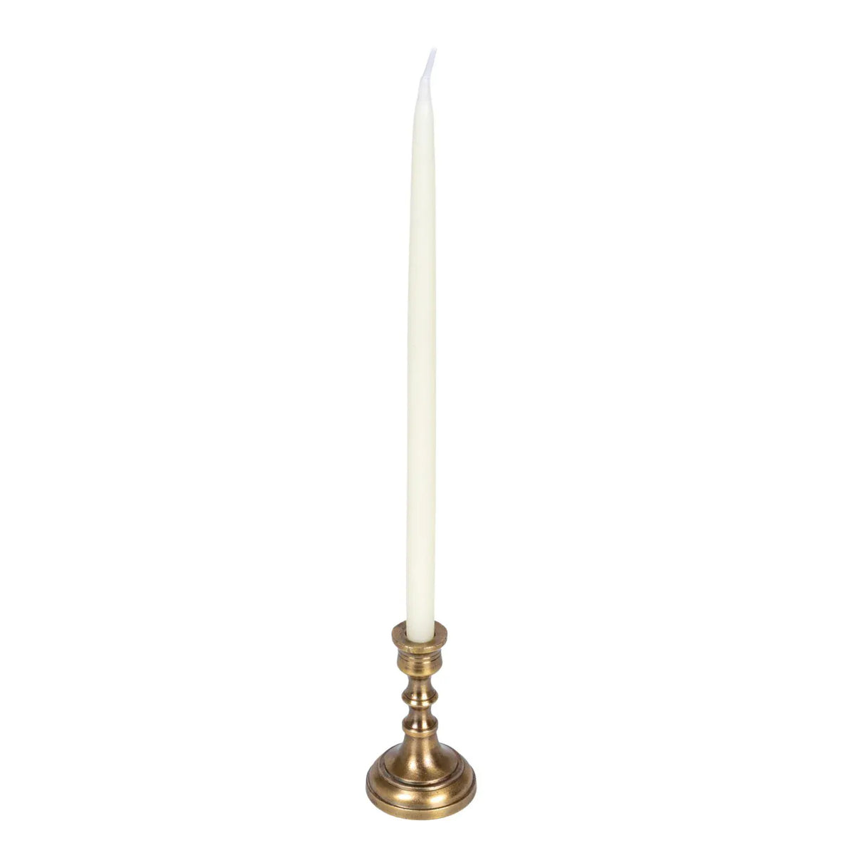 Antique brass finish cast aluminum taper candle holder for 1/2-inch candles, available in three sizes, elegant home decor accessory.