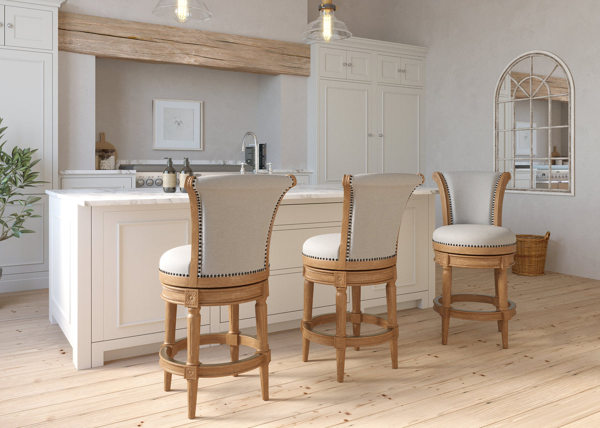 Charlotte swivel barstool by Carolina Barstool with weathered oak finish and gray fabric upholstery, featuring a comfortable backrest.