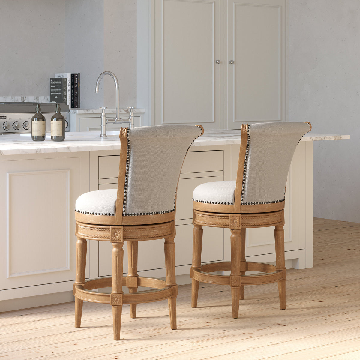 Charlotte swivel barstool by Carolina Barstool with weathered oak finish, gray fabric seat, and back support.