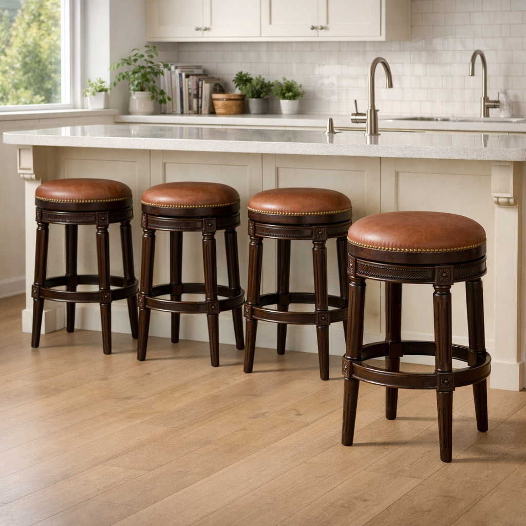 Backless Charlotte Swivel Barstool in caramel with wooden legs, designed for modern kitchen or bar area by Carolina Barstool