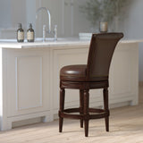 Charlotte Swivel Barstool in distressed walnut wood with backrest, showcasing a stylish and comfortable furniture piece by Carolina Barstool.