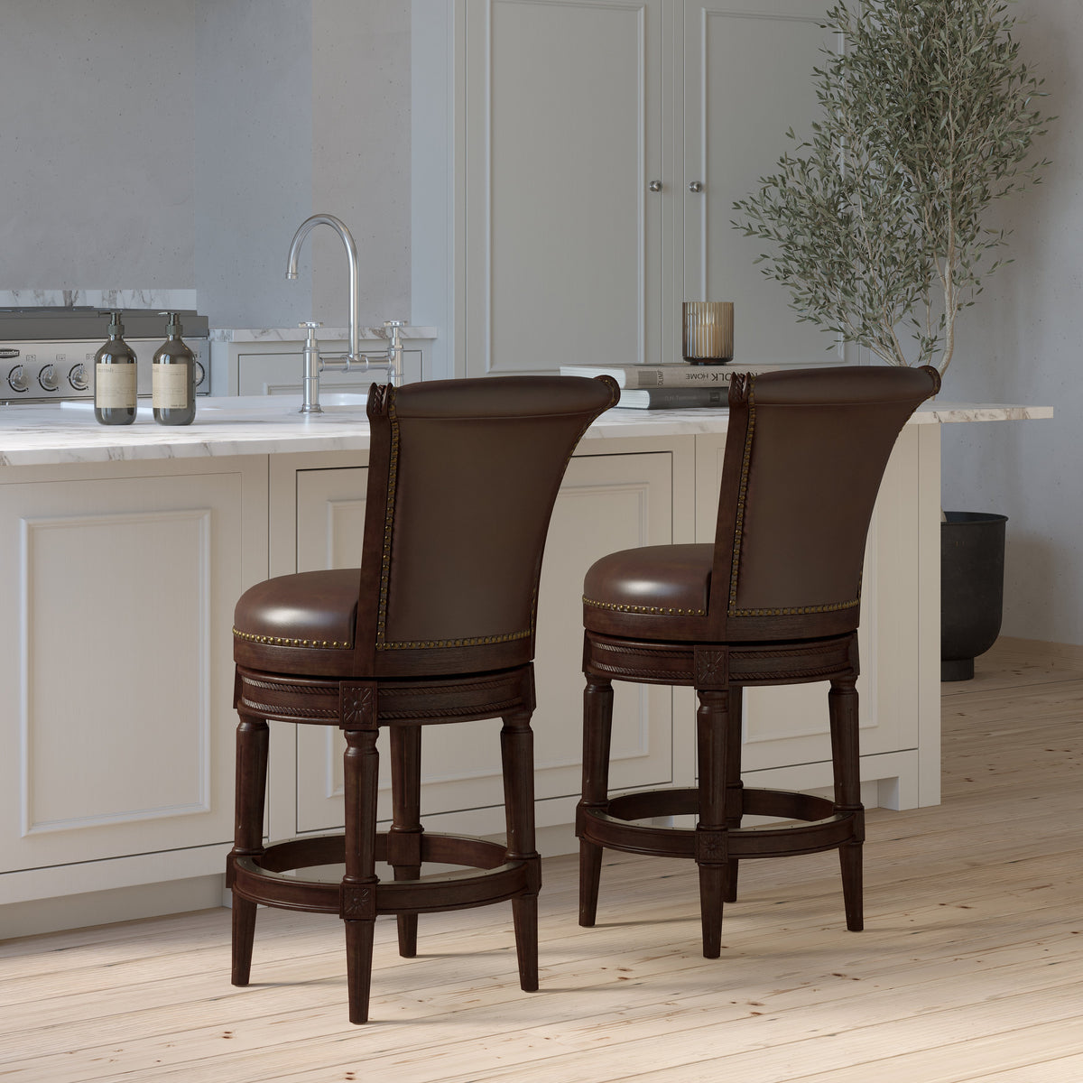 Charlotte swivel barstool by Carolina Barstool in distressed walnut wood with back support, designed for modern kitchen or bar area.