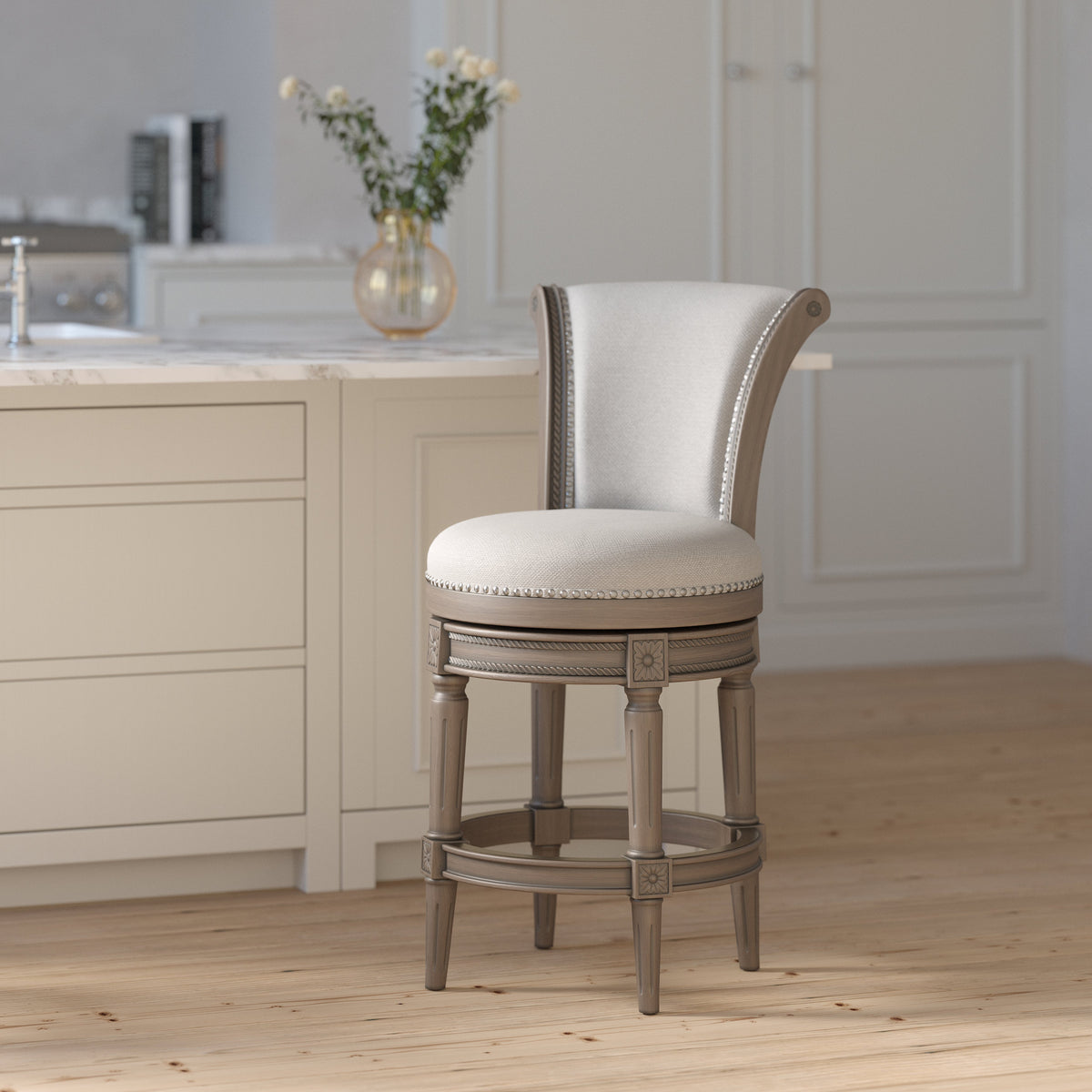 Charlotte swivel barstool in weathered grey with a wooden seat and backrest, featuring a sturdy metal base and swivel function.