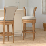 Charlotte swivel barstool in weathered oak wood with a cushioned seat, featuring a modern design from Carolina Barstool.