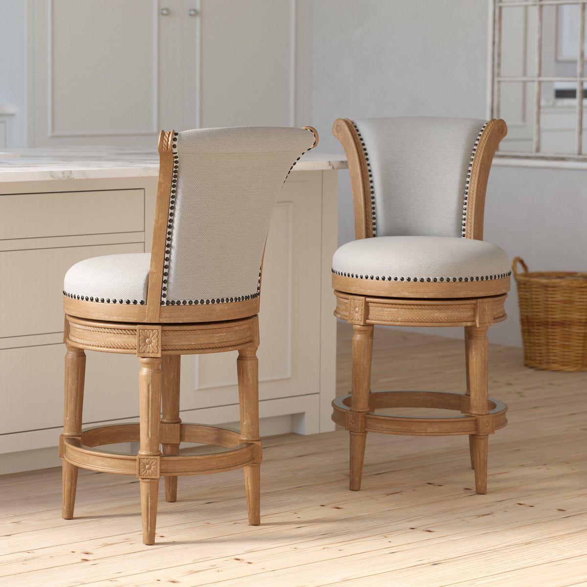 Charlotte Swivel Barstool in Weathered Oak with gray fabric upholstery, featuring a comfortable backrest and modern furniture design.