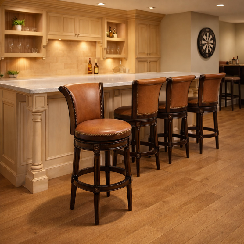 Carolina Barstool Charlotte swivel barstool in caramel with walnut wood accents, shown in a modern kitchen setting.