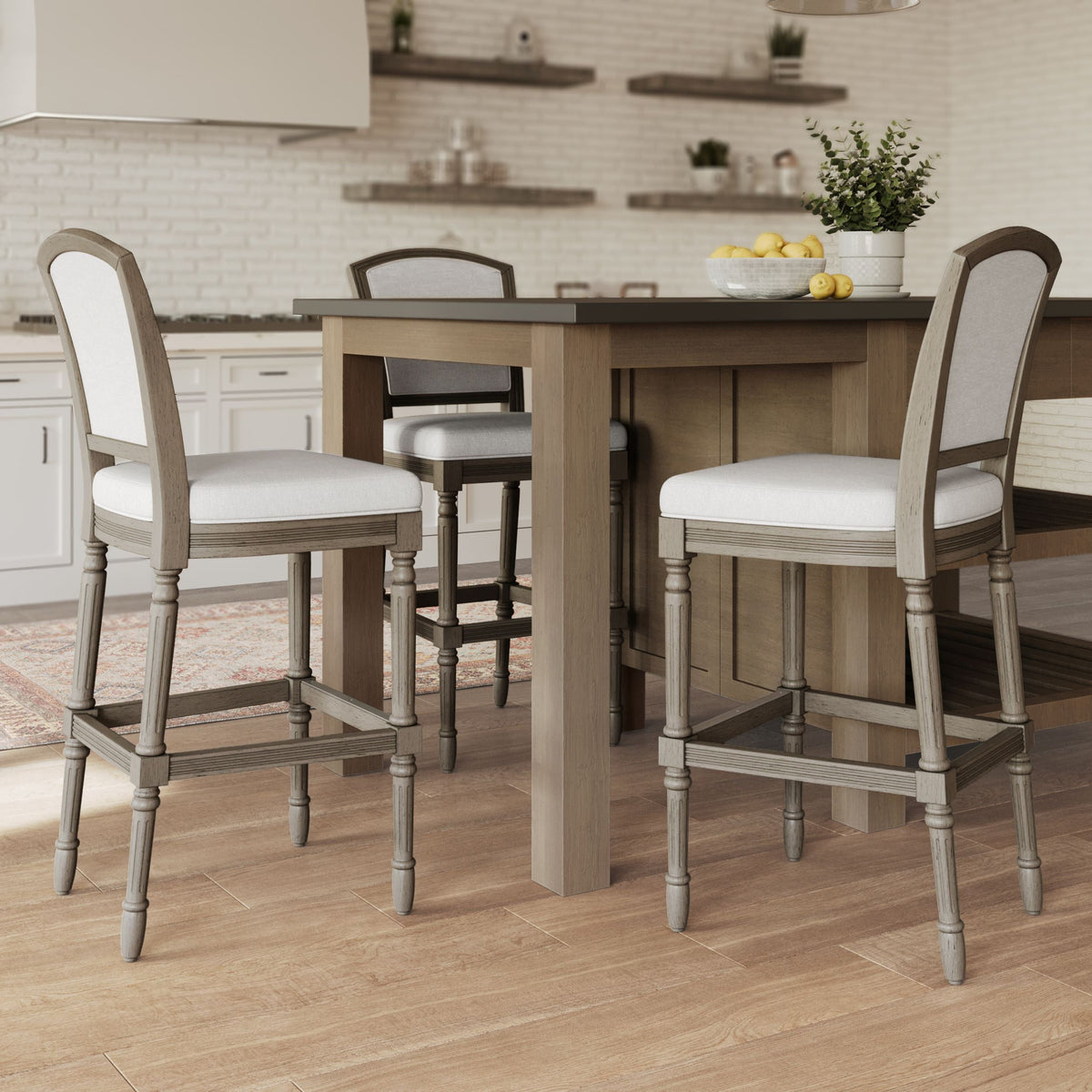 Carolina Barstool Wilmington stool in natural gray wood finish, showing a modern furniture piece in a stylish bar room setting.
