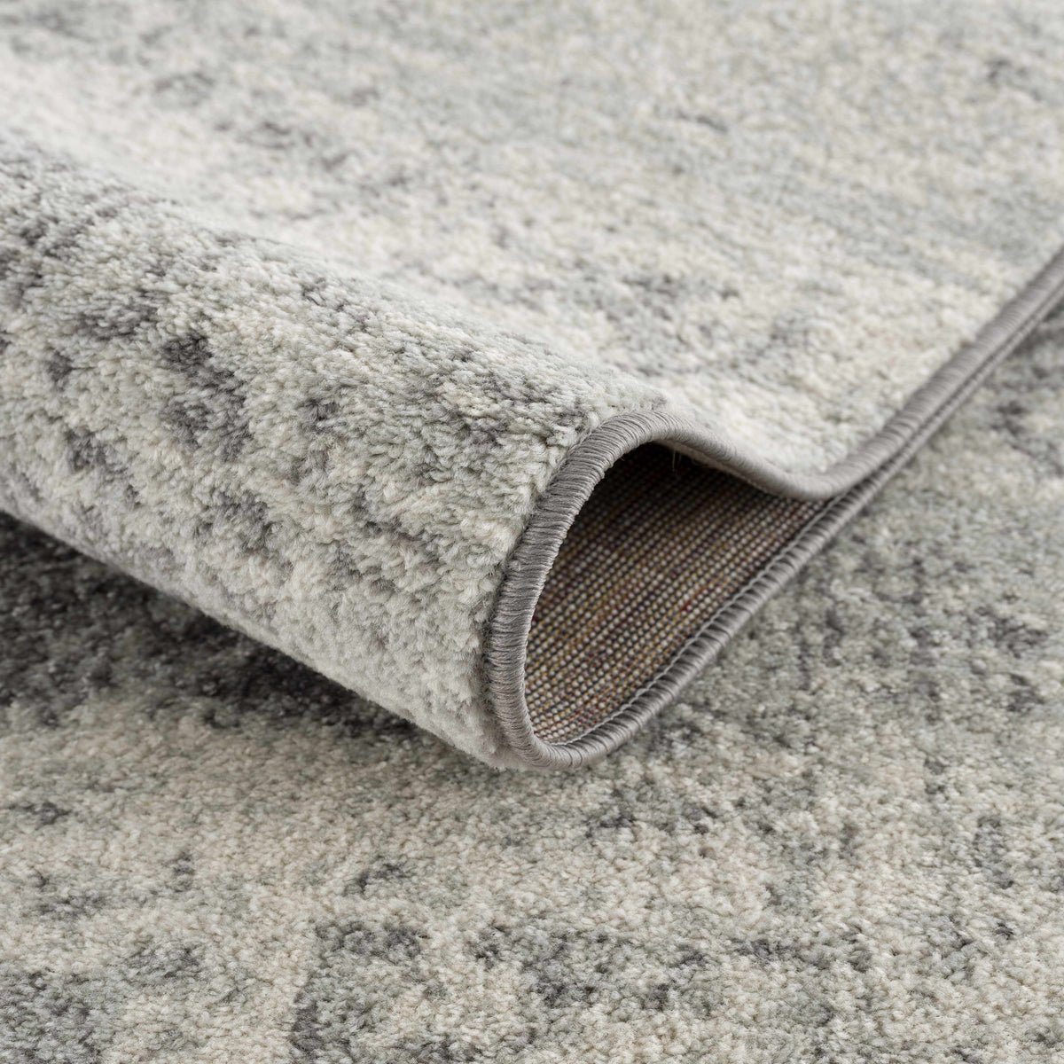 Hauteloom Rachel area rug with intricate pattern in neutral tones, showcasing soft woven texture and modern design.