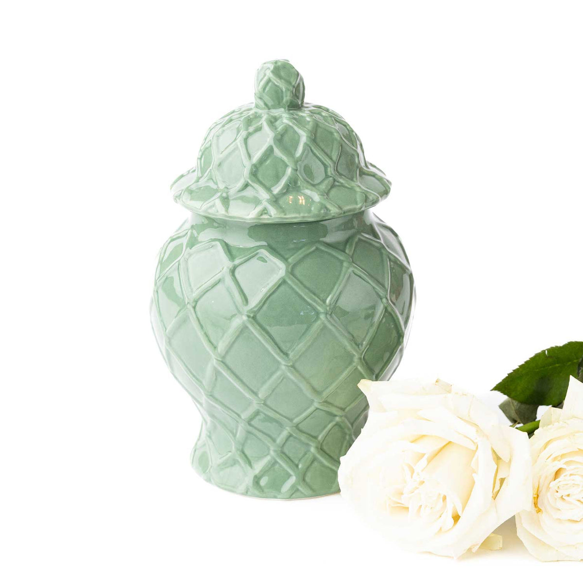 Three green textured ginger jars in different sizes, featuring decorative patterns, perfect for home decor from Shop Holly J Home.