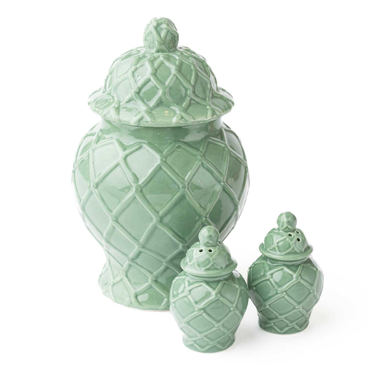 Three green textured ginger jars in different sizes, featuring intricate patterns, from Shop Holly J Home.