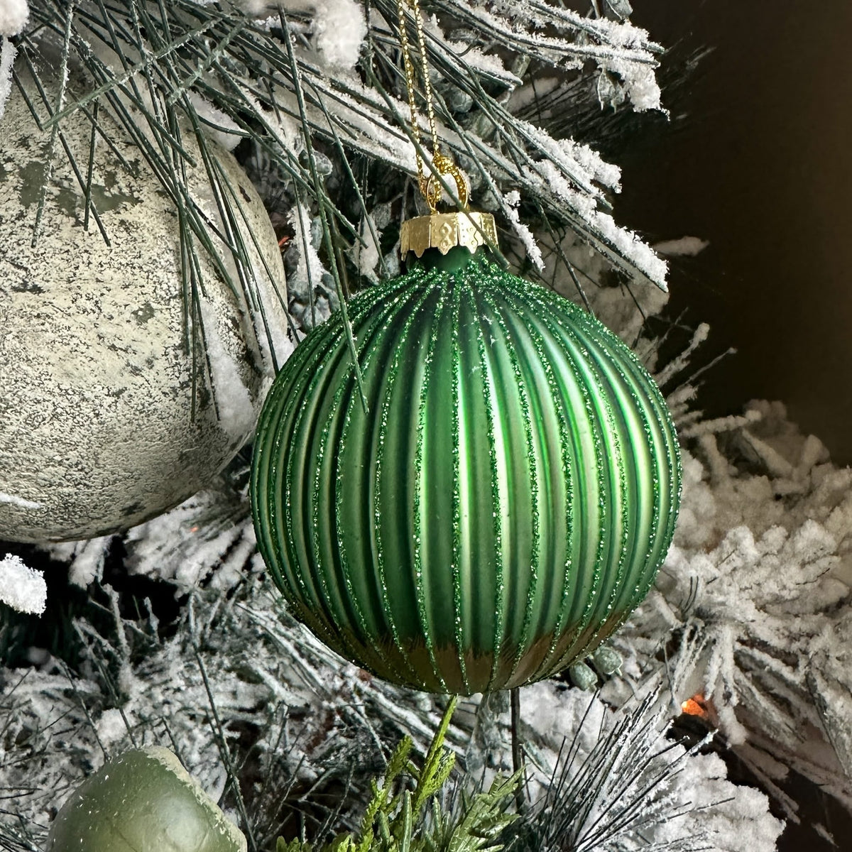 Green glitter ribbed glass Christmas ornament with gold bottom, 3.5 inches, festive holiday decor by Shop Holly J Home