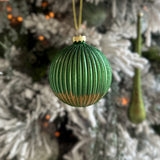 Green glitter ribbed glass Christmas ornament with gold bottom, 3.5 inches, festive holiday decor by Shop Holly J Home.